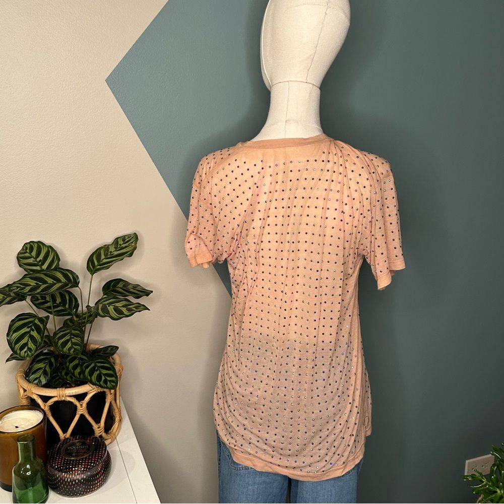 Sheer Rhinestone Studded V-Neck Tee Y2K Festival Nude Short Sleeve Top Small - Picture 4 of 8